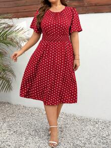 SHEIN Clasi 大码波尔卡圆点印花收腰夏季连衣裙新年服装长款女装 - 紅色 - 查看 3