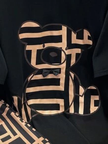 SHEIN 青少年男孩休閒酷熊印花T恤，配有蝴蝶結細節設計和圓領針織短袖上衣和印花短褲套裝 - 彩色 - 查看 3