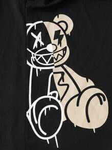 Teen Boy Bear Print Hooded Short Sleeve Top & Solid Color Tapered Leg Cargo Pants Two Pieces Set