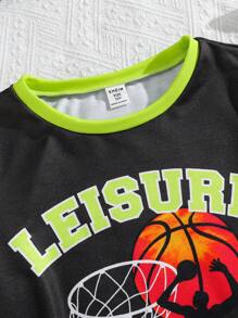 SHEIN Boys' Loose Sports Round Neck 2 In 1 Pattern Short-Sleeved T-Shirt Shorts Two-Piece Set