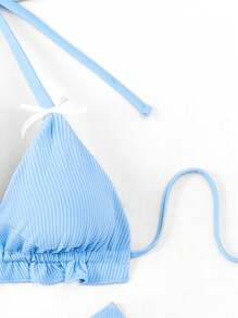 SHEIN Swim 女士純色綁頸連帽平口兩件式比基尼套裝（無加壓設計） - 藍色 - 查看 6