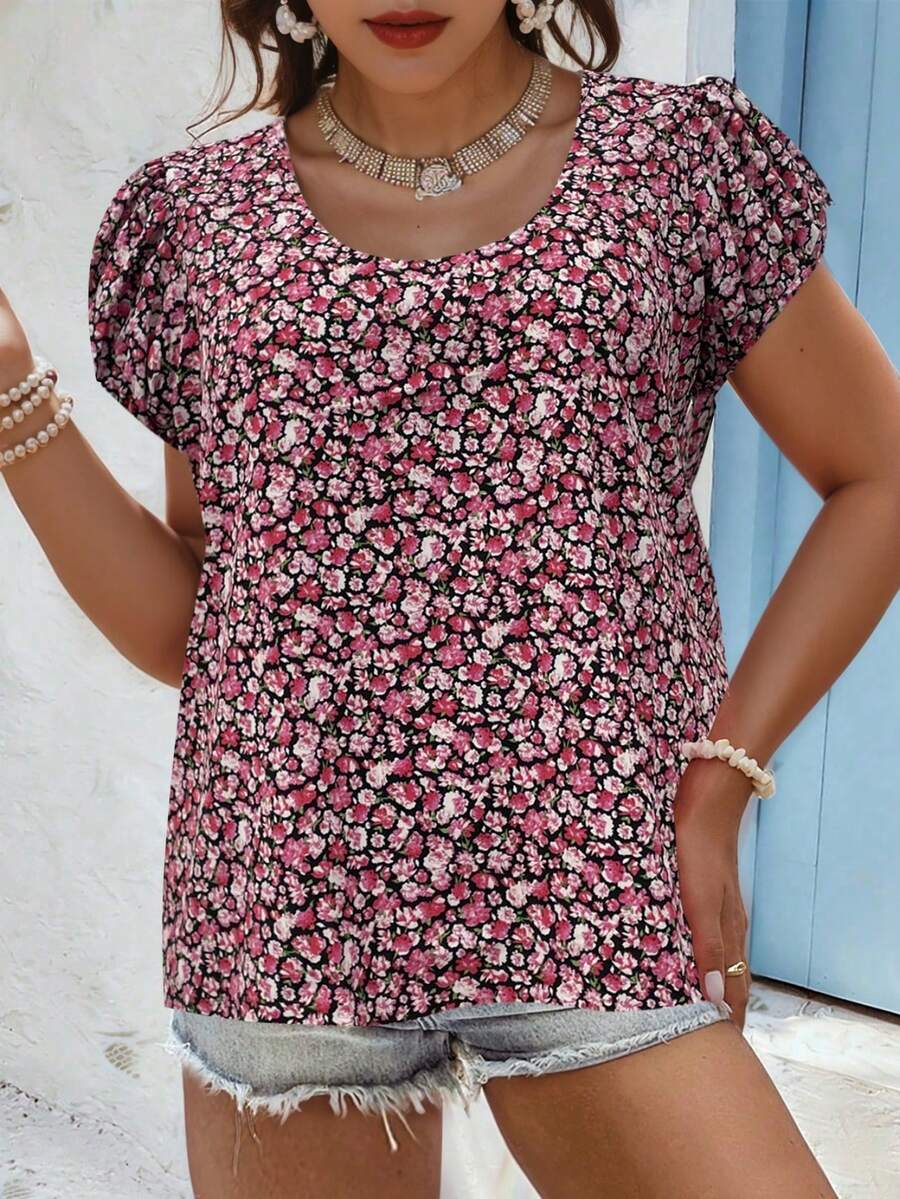 大尺碼女士夏季新款小印花燈籠袖上衣短袖 - 粉色 - 查看 1