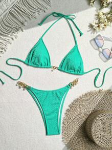 SHEIN Swim Women Solid Color Halter Neck Bikini Set With Separated Briefs For Vacation,Summer Beach