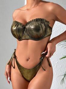 SHEIN Swim Conjunto de bikini de verano para mujer con detalles de volantes con acabado metálico y de madera, bikini bandeau con conjunto de bikini separado