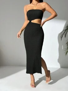 SHEIN PETITE Đầm dài xẻ tà không dây đơn giản hàng ngày dành cho nữ" - màu đen - Xem 1