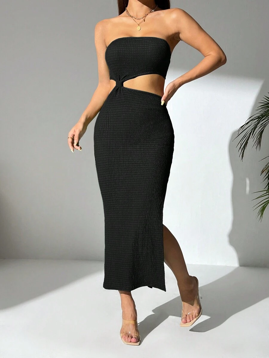 SHEIN PETITE Đầm dài xẻ tà không dây đơn giản hàng ngày dành cho nữ" - màu đen - Xem 1