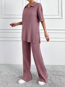 EURMUSE Cotton Two Pieces Set Polo Neck Top And Pant Set Rib Knit Fabric - Dusty Pink - View 3