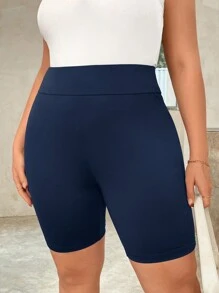 SHEIN Essnce Women's Plus Size Summer Casual Sports Elastic Waistband Black Cycling Shorts - Navy Blue - View 2