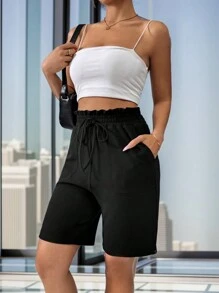 SHEIN Essnce 黑色休閒腳踝長褲，彈性腰帶，側口袋和分裂式設計。 - 黑色 - 查看 1