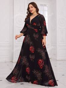 SUPGIR [Stampa floreale casuale] Abito da ballo in chiffon di alta qualità elegante ed elegante con maniche lanterna a pieghe con scollo a V e stampa floreale casuale stampata in 3D digitale