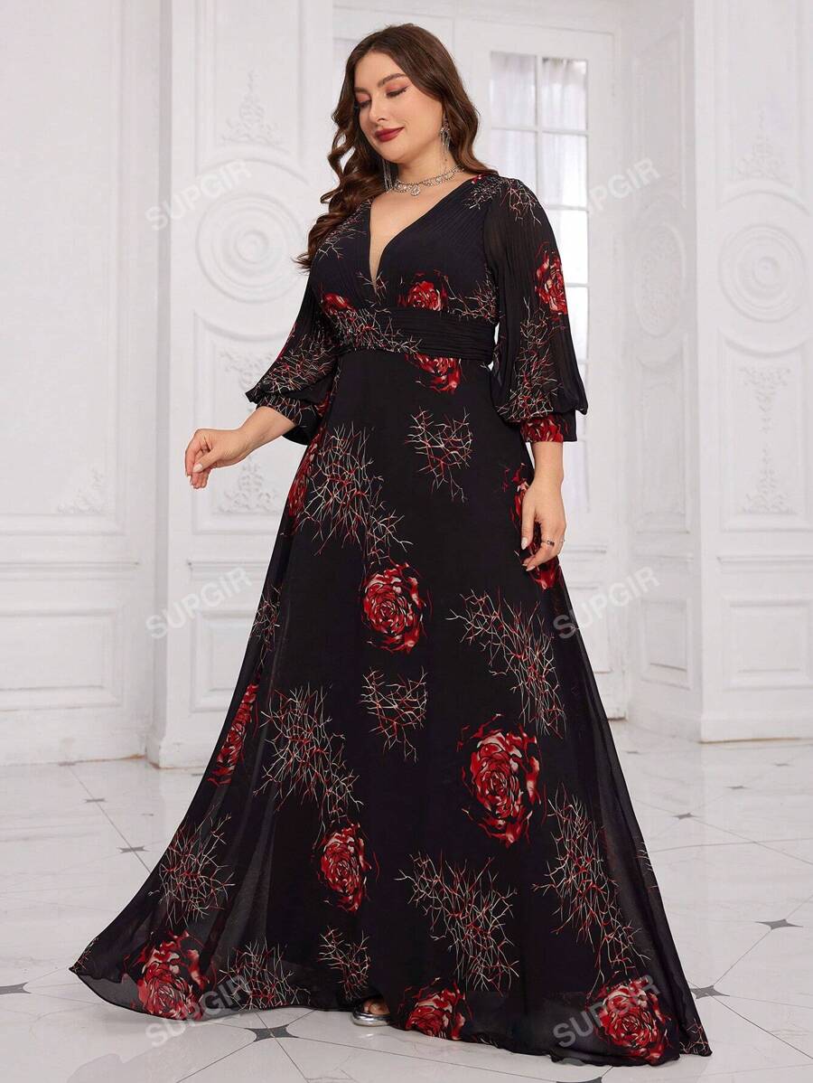 SUPGIR [Stampa floreale casuale] Abito da ballo in chiffon di alta qualità elegante ed elegante con maniche lanterna a pieghe con scollo a V e stampa floreale casuale stampata in 3D digitale