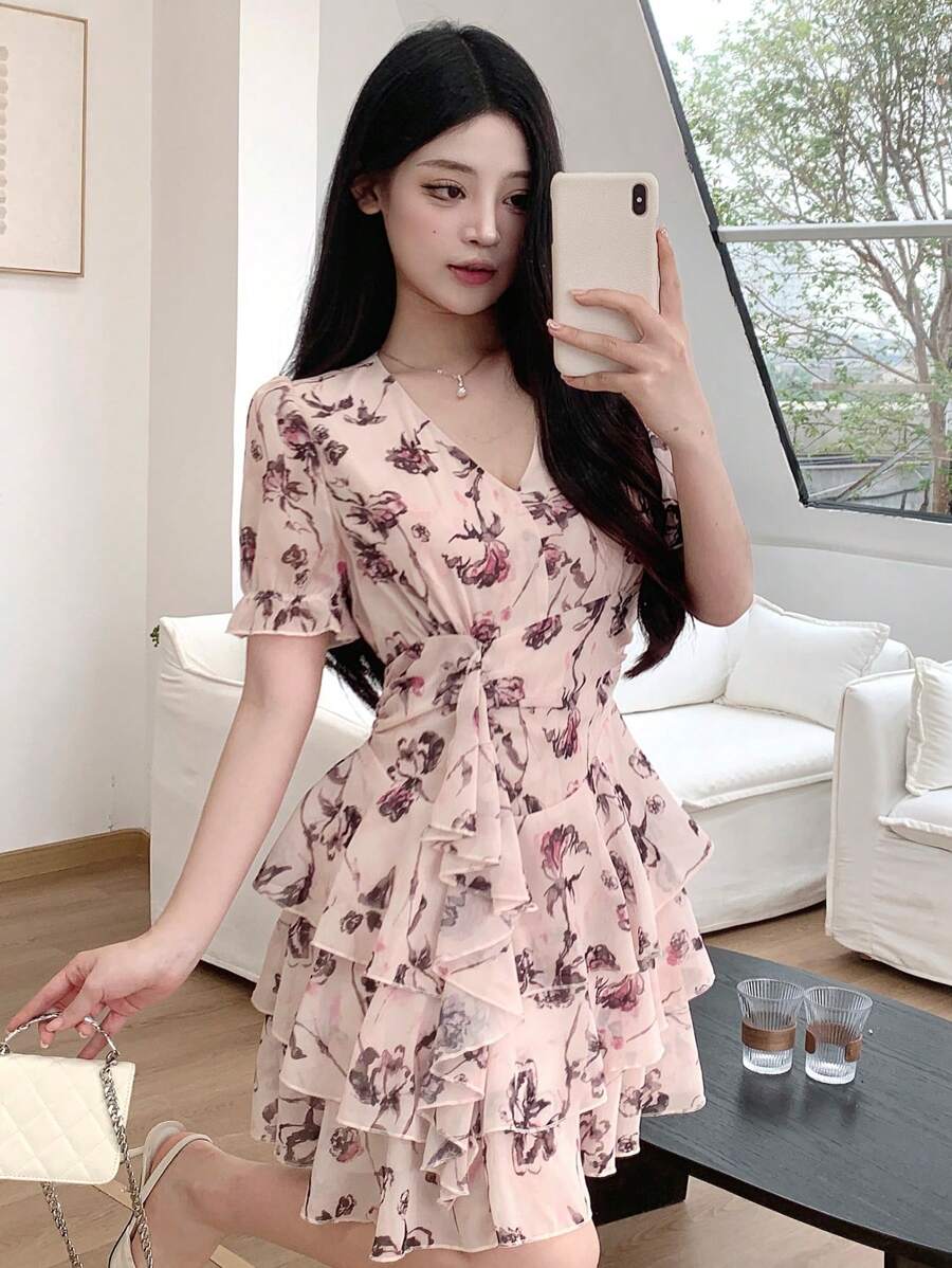 Women Fall Floral Print Ruffled Cinched Waist Dress Sundress Long Sleeve Dress Vacation Outfits Women Easter Boho