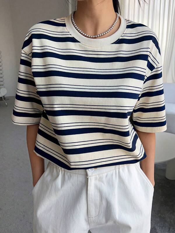 DAZY Striped Print Drop Shoulder Tee
