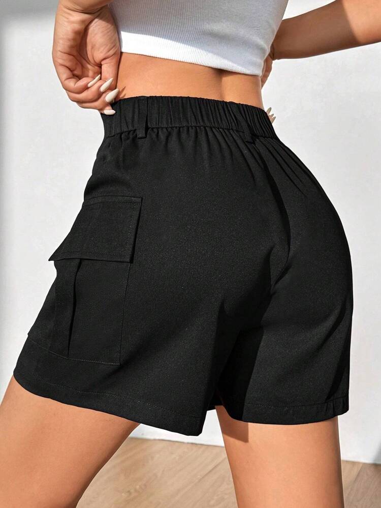 Solid Color Workwear Style Shorts With Pockets For Casual Wear