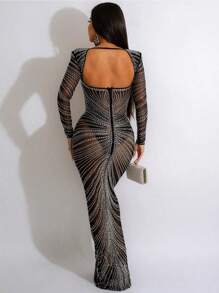 Women's Sheer Mesh Sparkling Rhinestone Sweetheart Neckline Scoop Back Slim Extra Long Dress Wedding Birthday Party Formal Dinner