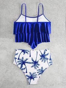 SHEIN Swim Summer Beach Women Vacation Wireless Ruffle Trimmed Cami Top And Palm Tree Print High Waist Triangle Bottom Tankini Set - Royal Blue - View 2