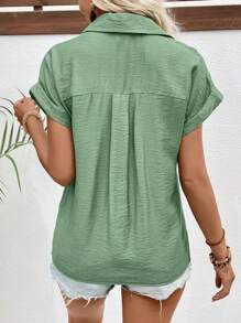 EMERY ROSE Women Summer Casual Solid Color Notched Collar Batwing Sleeve Shirt