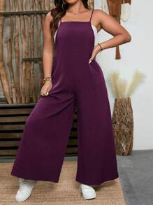 EMERY ROSE Plus Size Textured Fabric Square Collar Casual Jumpsuit