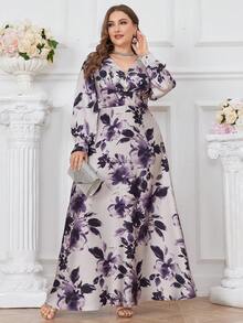 Plus Size Spring Elegant Floral Allover Print Waist Cinched Long Dress - Multicolor - View 6
