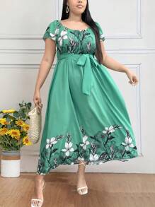 EMERY ROSE Vestido largo de manga corta y cuello redondo con estampado floral para mujer de talla grande, conjunto de ropa para mujer - Verde - Ver 5