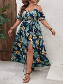 SHEIN VCAY Vestido romántico de flores de hombros descubiertos de estilo bohemio para tallas grandes de verano - Multicolor - Ver 4