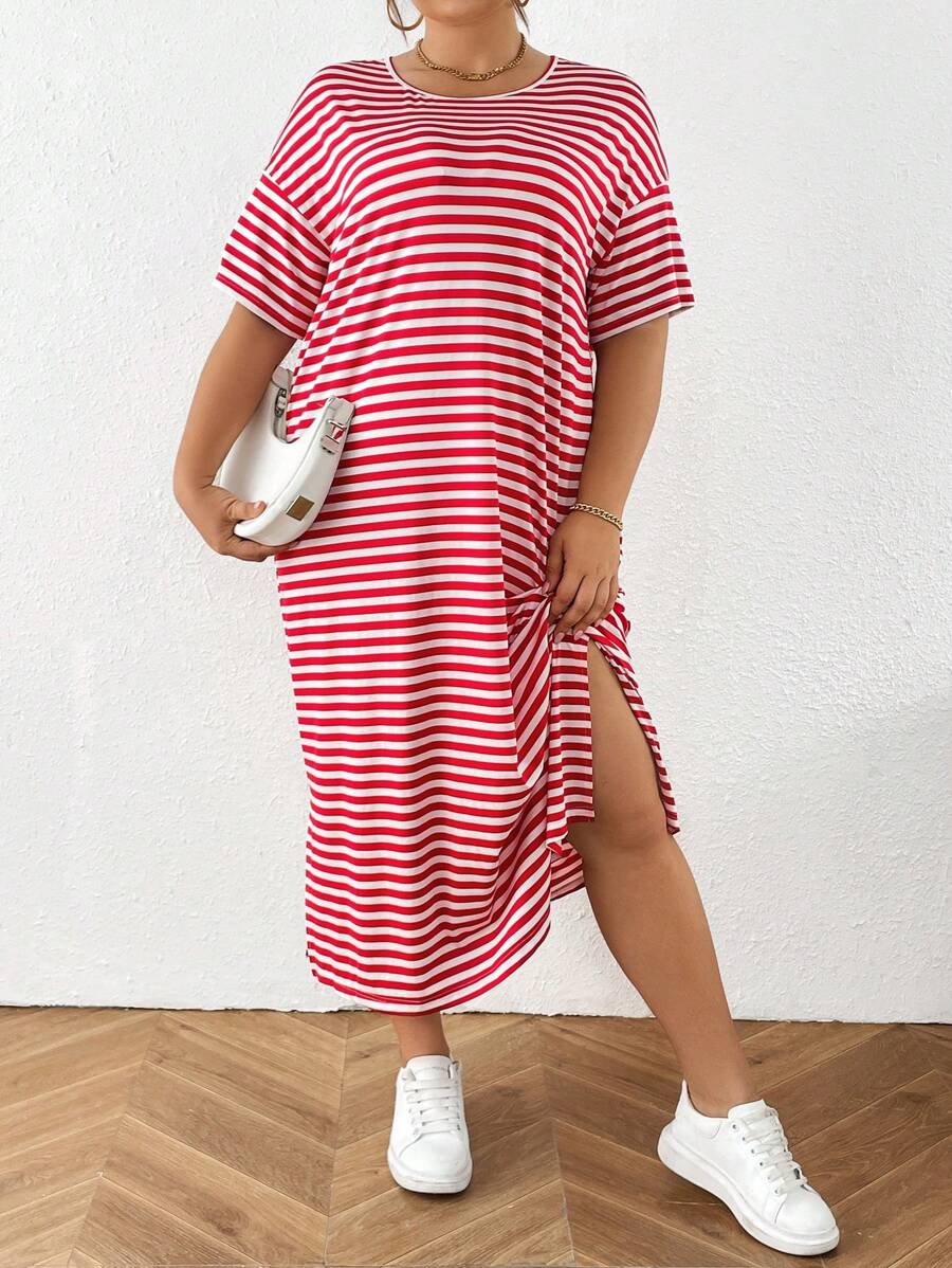 SHEIN Essnce Women's Plus Size Striped Round Neck Hem High Slit Summer Short Sleeve Robe Dress - Red - View 1