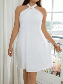 SHEIN Privé 大尺碼女性簡約A字珍珠牽領迷你裙，適合約會 - 白色 - 查看 1