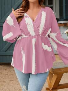 SHEIN Clasi Plus Size Women Brush Printed Loose Fit Shirt With Bell Sleeves For Spring And Summer