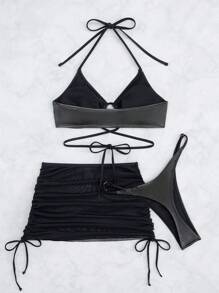 Swim SXY Ladies Solid Color Two-Piece Bikini Set For Vacation Summer Beach - Black - View 4