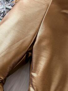 Baby Girl Spring/Summer Faux Leather Metal Strap Flared Jumpsuit - Camel - View 5