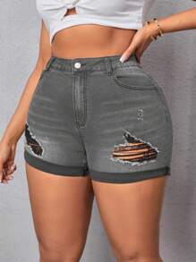 Slaydiva Plus Size Summer Ripped Rolled Hem Slim Fit Stretch Denim Shorts - Light Grey - View 5