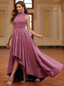 SHEIN Belle Women'S Sparkly Evening Dress With Large Hem, Short Front And Long Back, And Small Stand Collar Ball Gowns Woman Formal