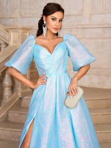 SHEIN Belle 女性華麗優雅的輕質塗層織物籠狀袖長裙，腰部高設計，甜心領，後部可調式帶子，晚禮服晚宴裙子，設有開叉