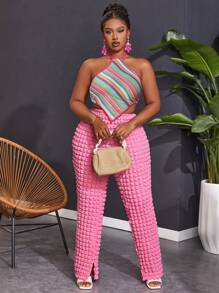 Slaydiva Women'S Plus Size Striped Halter Top And Solid Color Pants Beach Vacation Outfit - Baby Pink - View 4