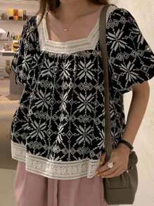 DAZY Women Fashion Printed Short Sleeve Square Neck Blouse Babydoll Top - Black - View 6