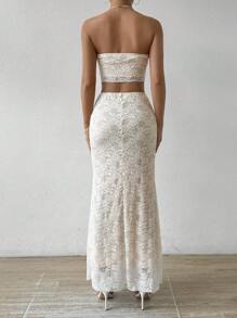 Chiquease Two-Piece Set For Women Summer: Asymmetrical Lace Strapless Top And Fish Tail Skirt