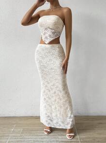 Chiquease Two-Piece Set For Women Summer: Asymmetrical Lace Strapless Top And Fish Tail Skirt