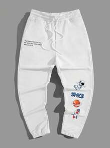 Manfinity Hypemode Pantaloni de trening bărbătești, lejeri, cu imprimeu de desene animate și slogan, cu șnur în talie, pantaloni de trening albi casual pentru ieșiri în oraș, cadouri pentru soț sau iubit, pentru întoarcerea la școală
