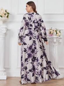 Plus Size Spring Elegant Floral Allover Print Waist Cinched Long Dress - Multicolor - View 2