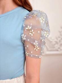 SHEIN Tween Girl Casual Spring/Summer Knitted Splice Mesh Embroidered Short Sleeve Round Neck Top - Blue - View 6