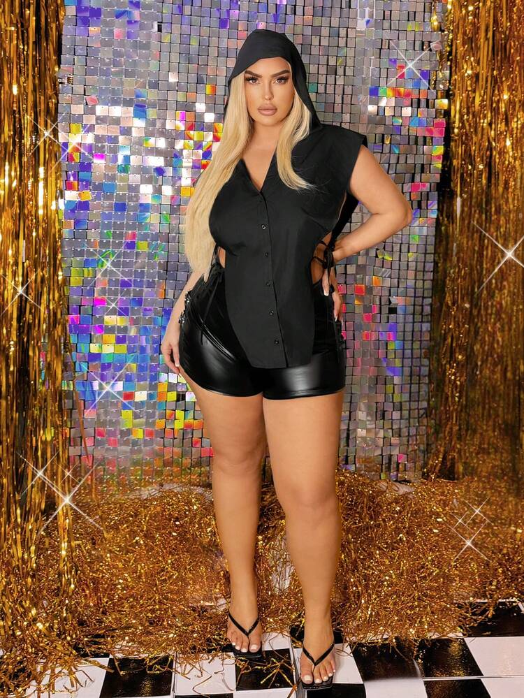 Plus Size Summer Side Hollow Out Asymmetrical Hem Hooded Shirt