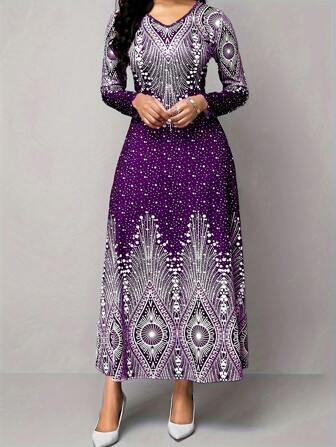 Lyxana 圆领印花休闲 A 字形连衣裙，收腰超长女装