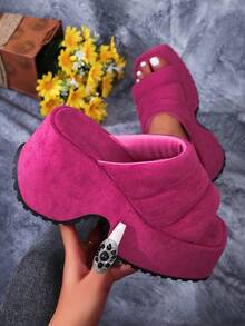 Women Pink Platform Wedge Sandals 2023 Summer New High Heel Slippers For Outdoors Wear - Hot Pink - View 1