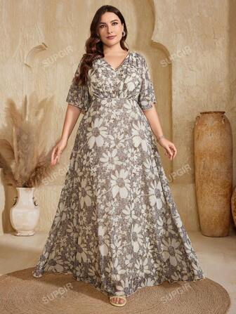 Plus Size V-hals Bloemenprint Chiffon Bell Sleeve Elegante A-lijn Jurk Voor Lente/Zomer