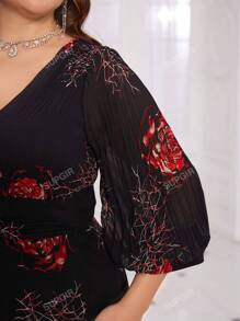 SUPGIR [Stampa floreale casuale] Abito da ballo in chiffon di alta qualità elegante ed elegante con maniche lanterna a pieghe con scollo a V e stampa floreale casuale stampata in 3D digitale
