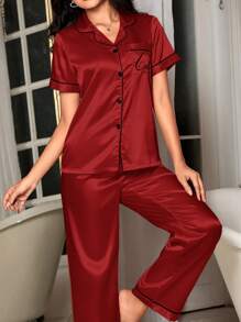 Conjunto de pijama para mujer con bolsillo, bordado de letras y ribete de bloques de color, ideal para vacaciones