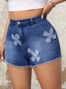 SHEIN ICON Plus Size Embroidered Patchwork Washed Denim Shorts With Frayed Hem And Pockets - Medium Wash - View 5