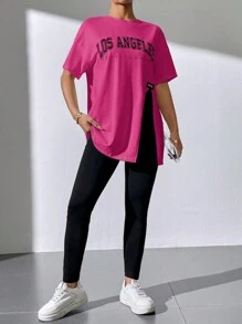 SHEIN Essnce Women Summer Letter Graphic Split Hem T-Shirt & Pants Two Pieces Outfit - Hot Pink - View 5