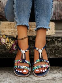 女士藍色編織平底涼鞋,輕巧防滑海灘鞋,隨機編織花卉圖案,夏季必備 - 藏蓝色 - 查看 5