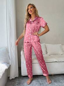 SweetSlumber Women Pajama Sets Kantong Contrast Binding Tombol Depan Geometris - Hot Pink - View 4